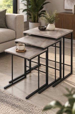 SuloraHome 3'lü Kare Zigon Sehpa Seti Gri Mermer Desenli Metal Ayaklı