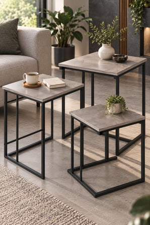 SuloraHome 3'lü Kare Zigon Sehpa Seti Gri Mermer Desenli Metal Ayaklı