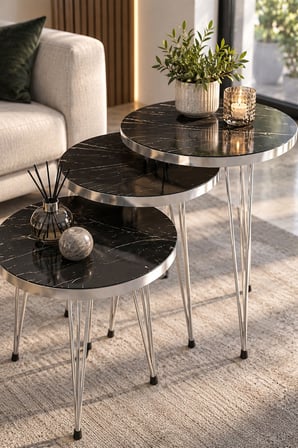 SuloraHome Siyah Mermer Desenli Gümüş Tel Ayaklı 3'lü Zigon Sehpa Takımı