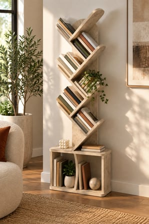 SuloraHome Yaprak Tasarımlı Eğimli Kitaplık Ekru