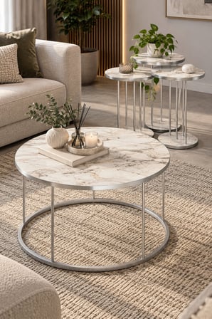 SuloraHome Gümüş Metal Ayaklı Mermer Desenli 4'lü Sehpa Seti