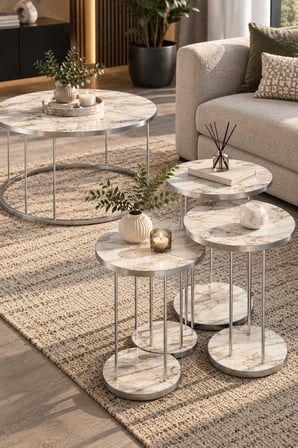 SuloraHome Gümüş Metal Ayaklı Mermer Desenli 4'lü Sehpa Seti