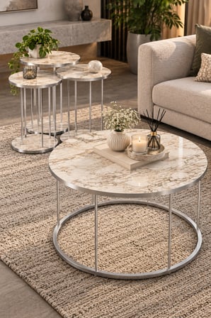 SuloraHome Gümüş Metal Ayaklı Mermer Desenli 4'lü Sehpa Seti