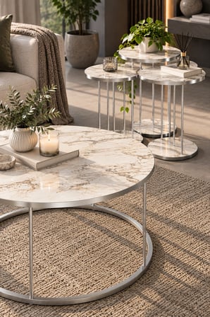 SuloraHome Gümüş Metal Ayaklı Mermer Desenli 4'lü Sehpa Seti