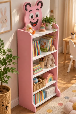SuloraHome Happy Face Figürlü Pembe Çocuk Kitaplığı ve Oyuncak Düzenleyici