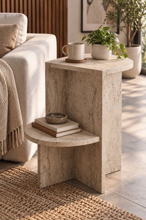 SuloraHome Ekru Traverten Desenli Raflı Yan Sehpa 53x35 cm