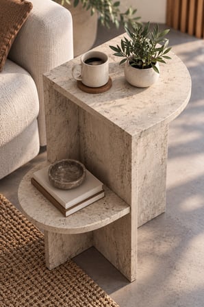 SuloraHome Ekru Traverten Desenli Raflı Yan Sehpa 53x35 cm