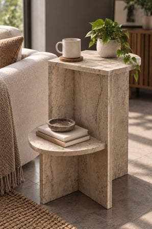 SuloraHome Ekru Traverten Desenli Raflı Yan Sehpa 53x35 cm