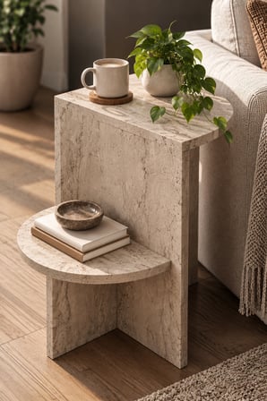 SuloraHome Ekru Traverten Desenli Raflı Yan Sehpa 53x35 cm