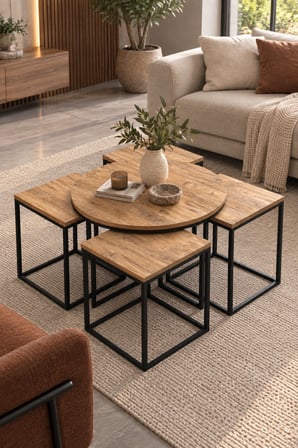 SuloraHome 5'li Sehpa Seti Çam Kahverengi Orta ve Zigon Sehpa Kombinasyonu