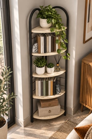 SuloraHome Metal Köşe Kitaplığı ve Saksılık Bej Traverten Desenli 5 Katlı