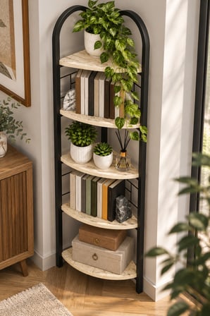SuloraHome Metal Köşe Kitaplığı ve Saksılık Bej Traverten Desenli 5 Katlı