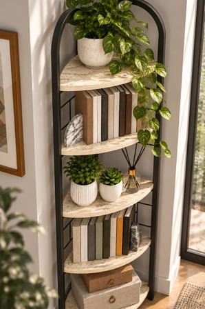 SuloraHome Metal Köşe Kitaplığı ve Saksılık Bej Traverten Desenli 5 Katlı