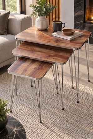SuloraHome Zigon Sehpa Takımı Ceviz Desenli Kahverengi ve Gümüş Metal Ayaklı