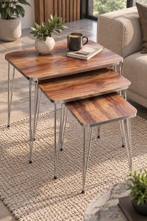 SuloraHome Zigon Sehpa Takımı Ceviz Desenli Kahverengi ve Gümüş Metal Ayaklı