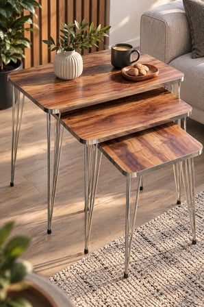 SuloraHome Zigon Sehpa Takımı Ceviz Desenli Kahverengi ve Gümüş Metal Ayaklı