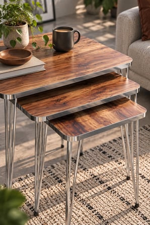 SuloraHome Zigon Sehpa Takımı Ceviz Desenli Kahverengi ve Gümüş Metal Ayaklı