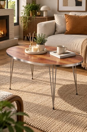 SuloraHome Ceviz Desenli Oval Orta Sehpa Gümüş Metal Ayaklı