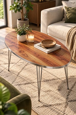 SuloraHome Ceviz Desenli Oval Orta Sehpa Gümüş Metal Ayaklı
