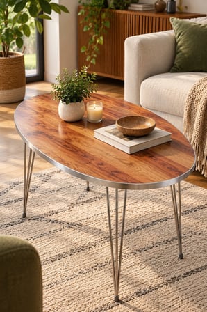 SuloraHome Ceviz Desenli Oval Orta Sehpa Gümüş Metal Ayaklı