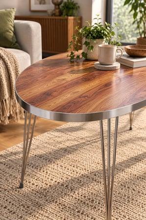 SuloraHome Ceviz Desenli Oval Orta Sehpa Gümüş Metal Ayaklı
