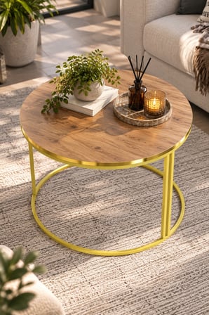 SuloraHome Ceviz Desenli Yuvarlak Orta Sehpa Gold Metal Ayaklı 70 cm