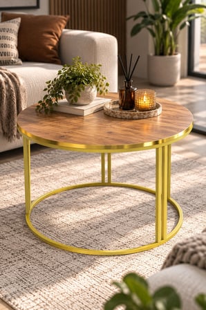 SuloraHome Ceviz Desenli Yuvarlak Orta Sehpa Gold Metal Ayaklı 70 cm