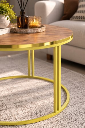 SuloraHome Ceviz Desenli Yuvarlak Orta Sehpa Gold Metal Ayaklı 70 cm