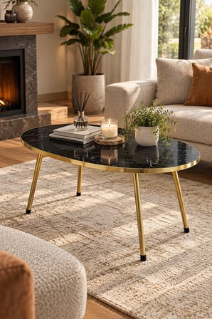SuloraHome Gold Ayaklı Oval Mermer Desenli Orta Sehpa Siyah