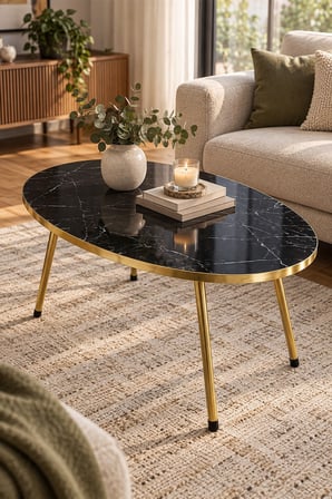 SuloraHome Gold Ayaklı Oval Mermer Desenli Orta Sehpa Siyah