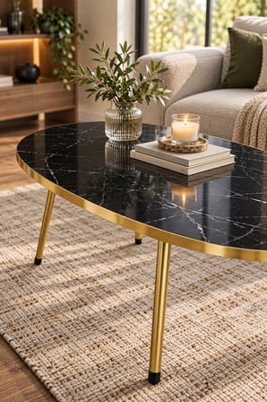 SuloraHome Gold Ayaklı Oval Mermer Desenli Orta Sehpa Siyah