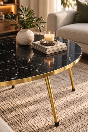 SuloraHome Gold Ayaklı Oval Mermer Desenli Orta Sehpa Siyah