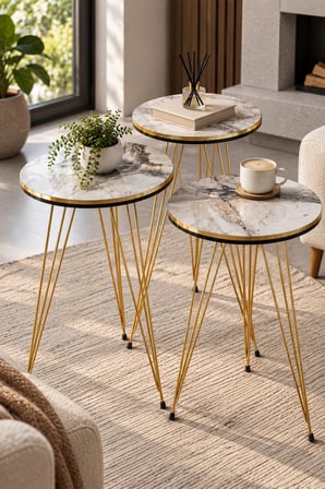 SuloraHome Beyaz Mermer Görünümlü Yuvarlak Zigon Sehpa Takımı - 3'lü Gold Ayaklı