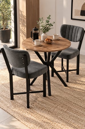 SuloraHome 70 cm Yuvarlak Yemek Masası ve 2 Adet Gri Sandalye Seti