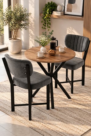 SuloraHome 70 cm Yuvarlak Yemek Masası ve 2 Adet Gri Sandalye Seti