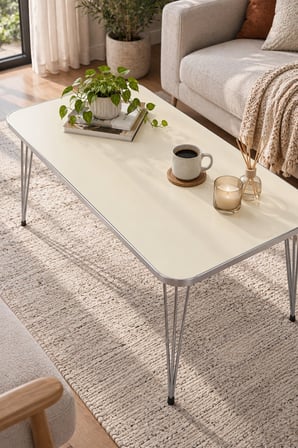 SuloraHome Gümüş Tel Ayaklı Krem Bej Orta Sehpa 90x50 cm