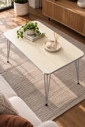 SuloraHome Gümüş Tel Ayaklı Krem Bej Orta Sehpa 90x50 cm