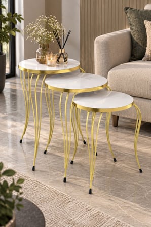 SuloraHome Lükens Ayaklı Beyaz Zigon Sehpa Takımı 3'lü