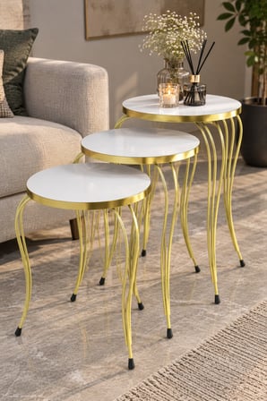 SuloraHome Lükens Ayaklı Beyaz Zigon Sehpa Takımı 3'lü