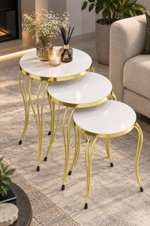 SuloraHome Lükens Ayaklı Beyaz Zigon Sehpa Takımı 3'lü