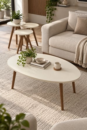 SuloraHome Torna Ahşap Ayaklı Elips Sehpa Seti Krem Ekru