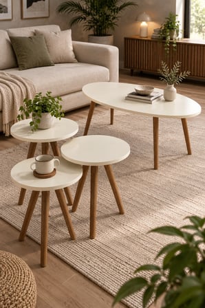 SuloraHome Torna Ahşap Ayaklı Elips Sehpa Seti Krem Ekru
