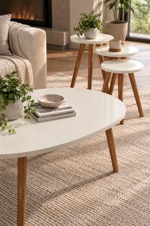 SuloraHome Torna Ahşap Ayaklı Elips Sehpa Seti Krem Ekru