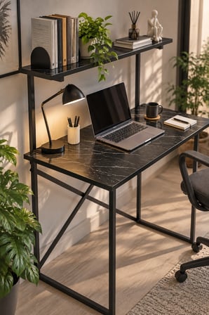 SuloraHome Raflı ve Kitaplıklı Çalışma Masası Siyah Mermer Desenli
