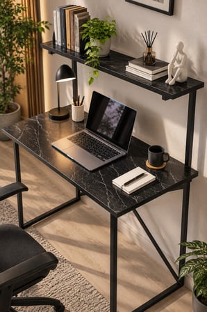 SuloraHome Raflı ve Kitaplıklı Çalışma Masası Siyah Mermer Desenli
