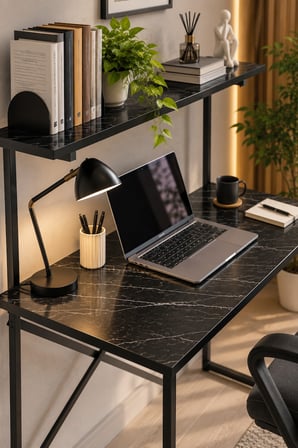 SuloraHome Raflı ve Kitaplıklı Çalışma Masası Siyah Mermer Desenli