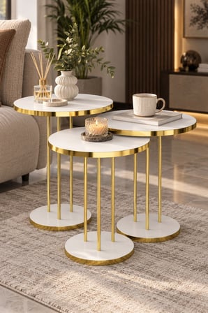 SuloraHome Beyaz Yuvarlak Zigon Sehpa Takımı - 3'lü Gold Ayaklı