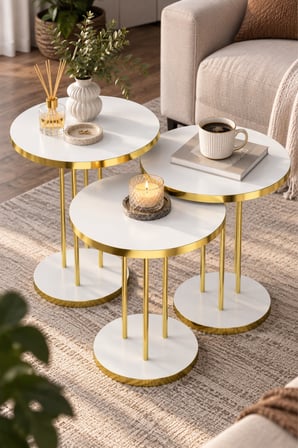 SuloraHome Beyaz Yuvarlak Zigon Sehpa Takımı - 3'lü Gold Ayaklı