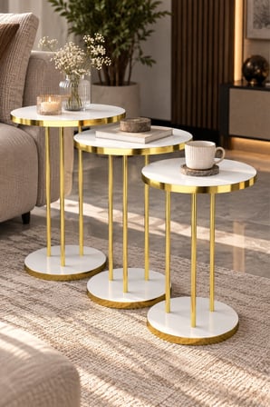 SuloraHome Beyaz Yuvarlak Zigon Sehpa Takımı - 3'lü Gold Ayaklı
