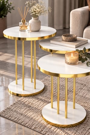 SuloraHome Beyaz Yuvarlak Zigon Sehpa Takımı - 3'lü Gold Ayaklı